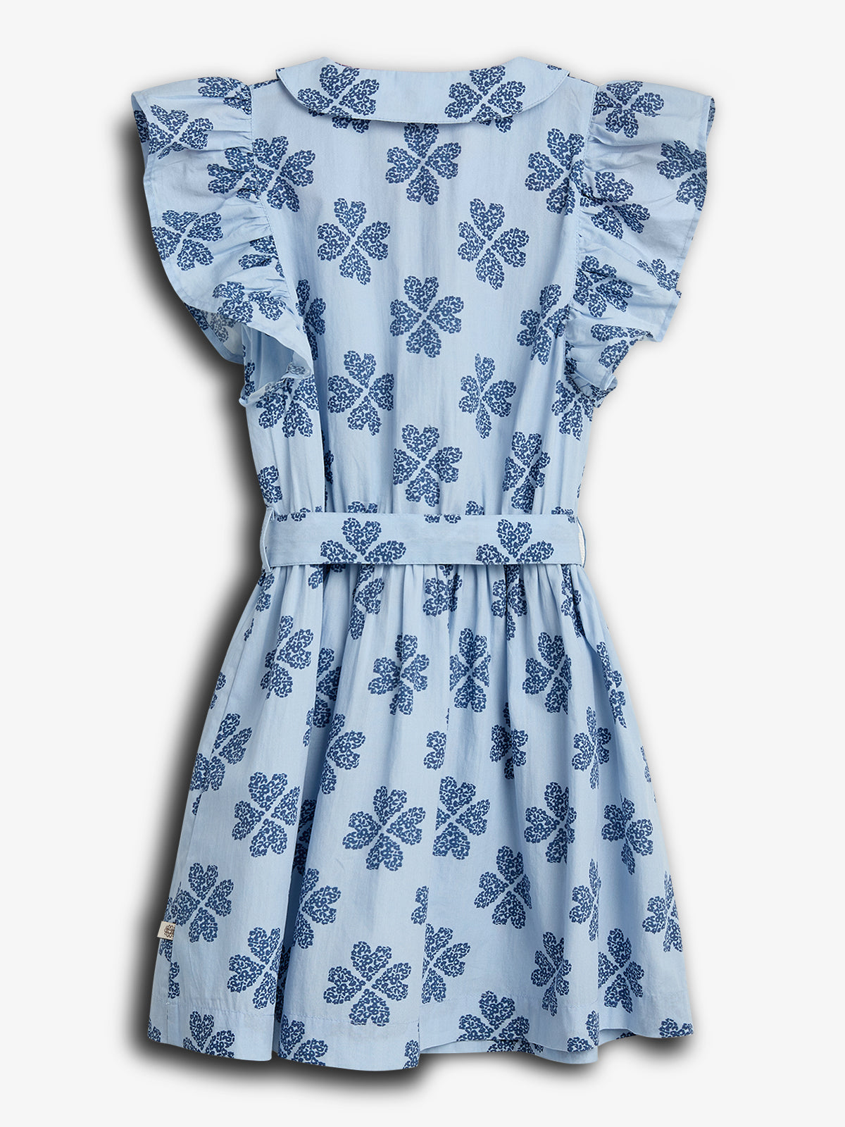 A light blue dress with ruffled sleeves displays a pattern of dark blue floral designs, set against a plain white background.