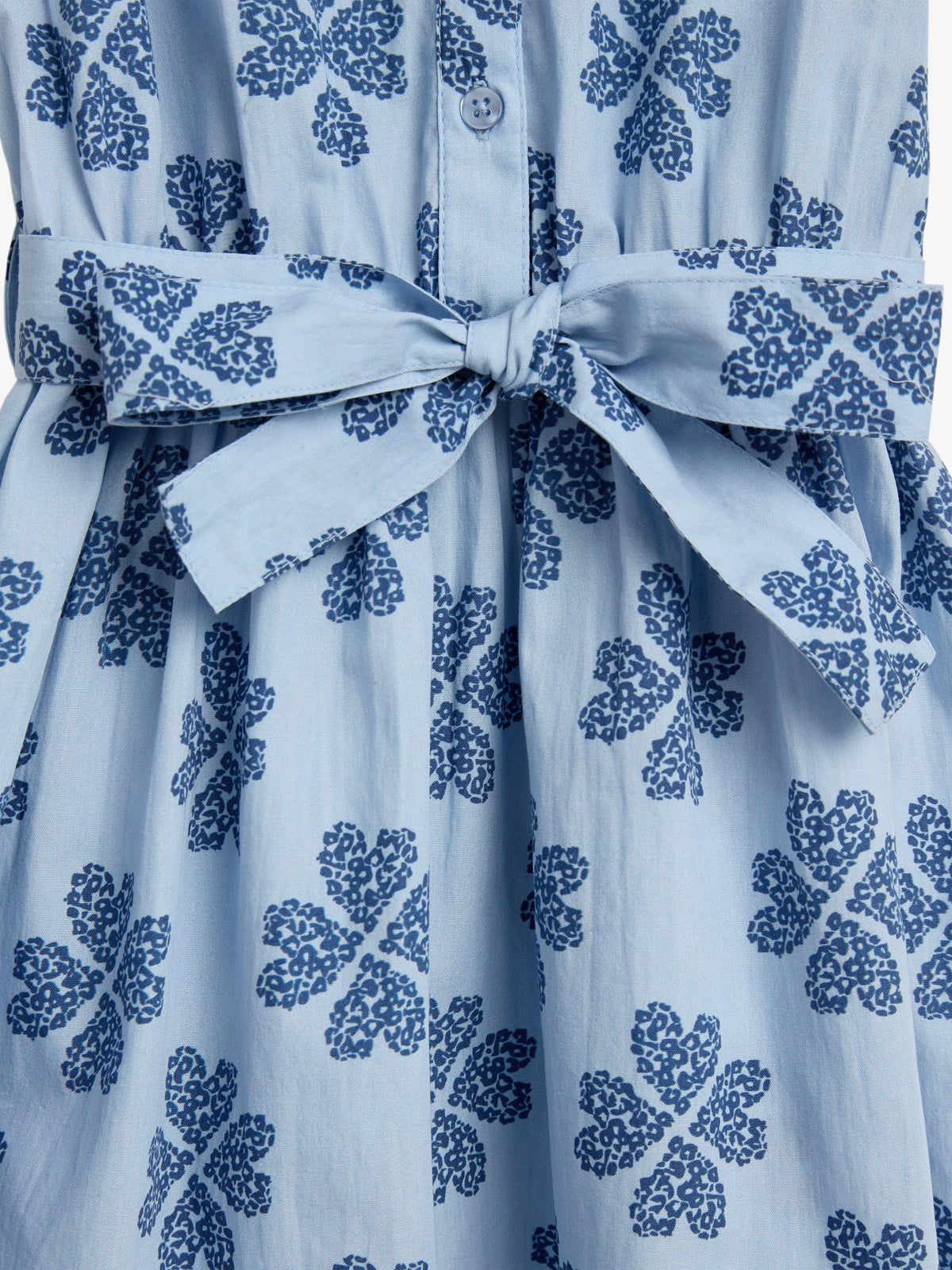 A light blue dress features a tied fabric belt, adorned with dark blue floral patterns. The dress has button detailing down the front, set against a plain background.