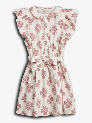 Dress with red floral patterns and buttons, featuring ruffled sleeves and a tie around the waist. Positioned against a plain white background.