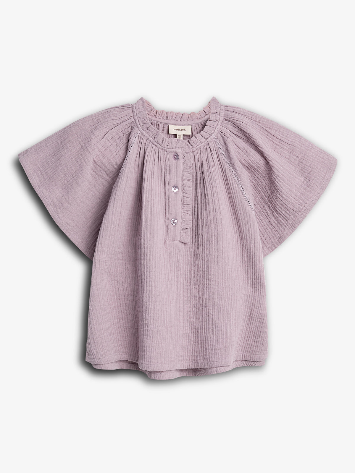 Purple, short-sleeved baby shirt with ruffled collar and buttoned front, displayed on a plain white background. A label reads "PINIPUKE."