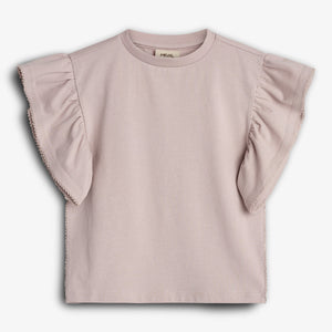 A light pink short-sleeve top with ruffled sleeves hangs against a white background. The label inside reads "POPMANIA." The sleeves feature delicate lace trimming along the edges.