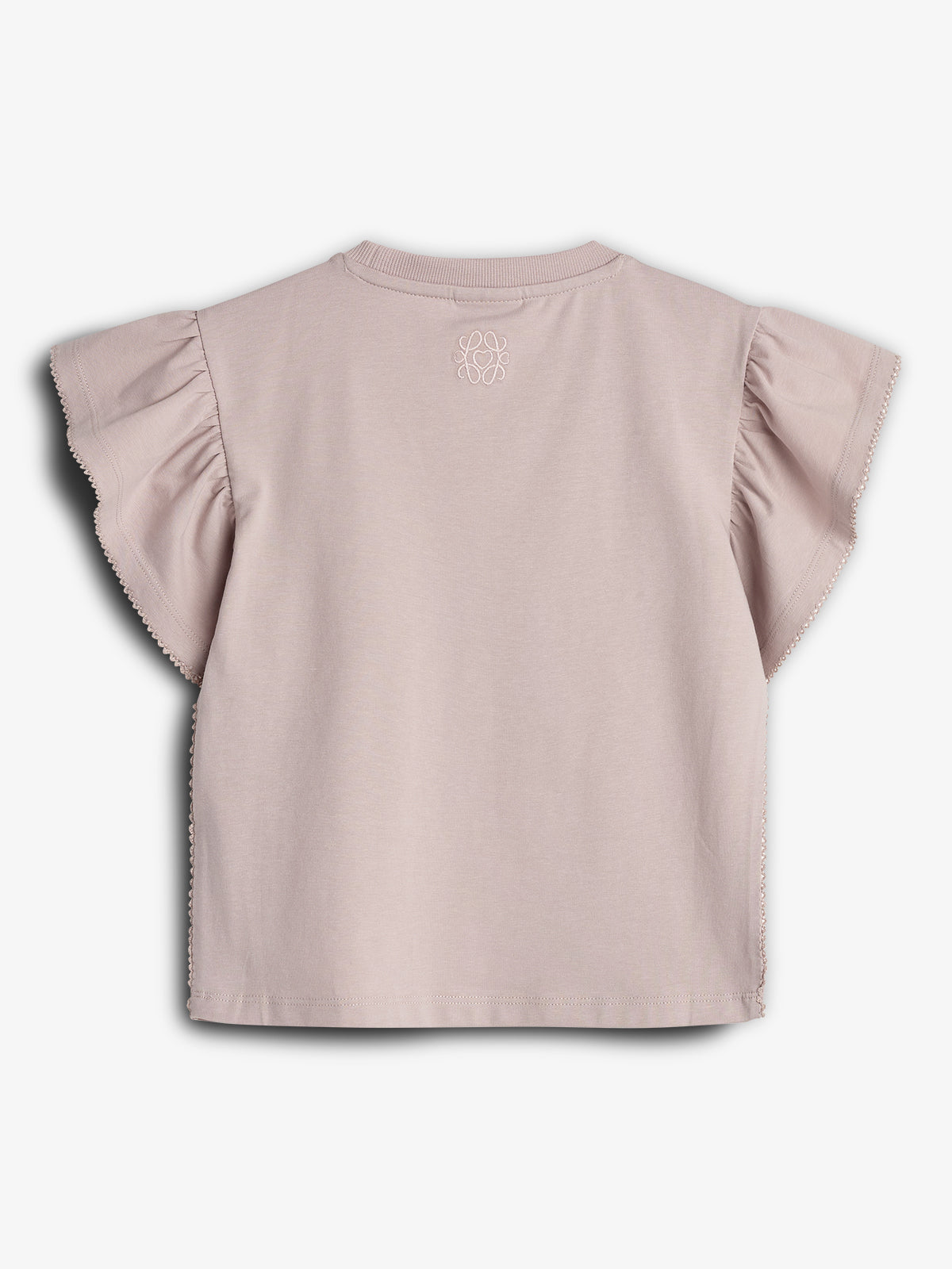 A pastel pink t-shirt features ruffled sleeves and an embroidered logo near the neckline on the back, positioned against a plain white background.