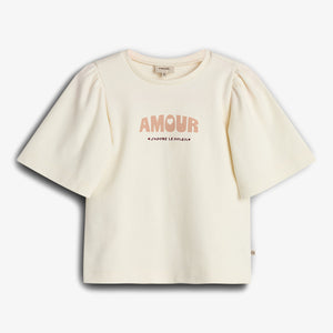 T-Shirt mit Puffärmeln und Aufdruck - Tween - Off White | 100463 Rosa