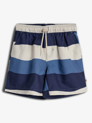 Striped swim trunks with an elastic waistband and drawstring are laid flat. They feature alternating wide bands of navy blue, light blue, and beige, set against a plain white background.