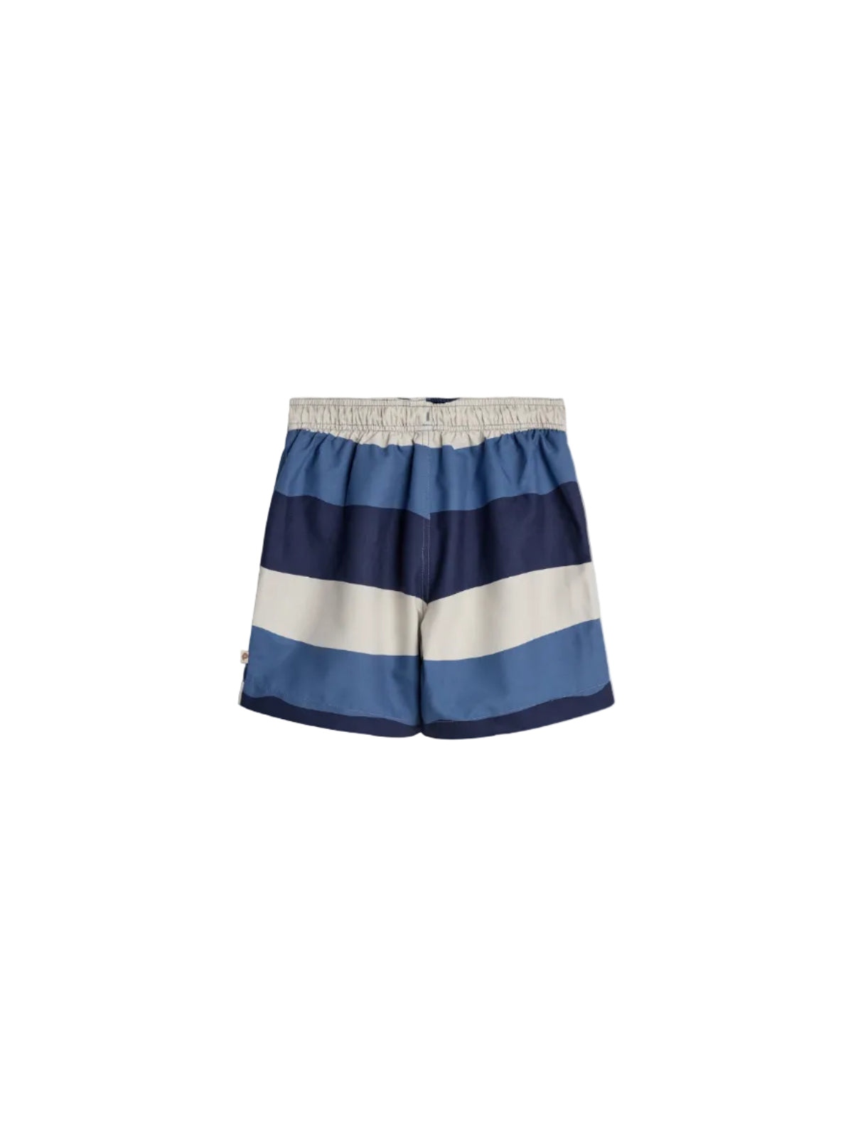 Shorts with wide horizontal stripes in various shades of blue and beige, featuring an elastic waistband, displayed against a plain white background.