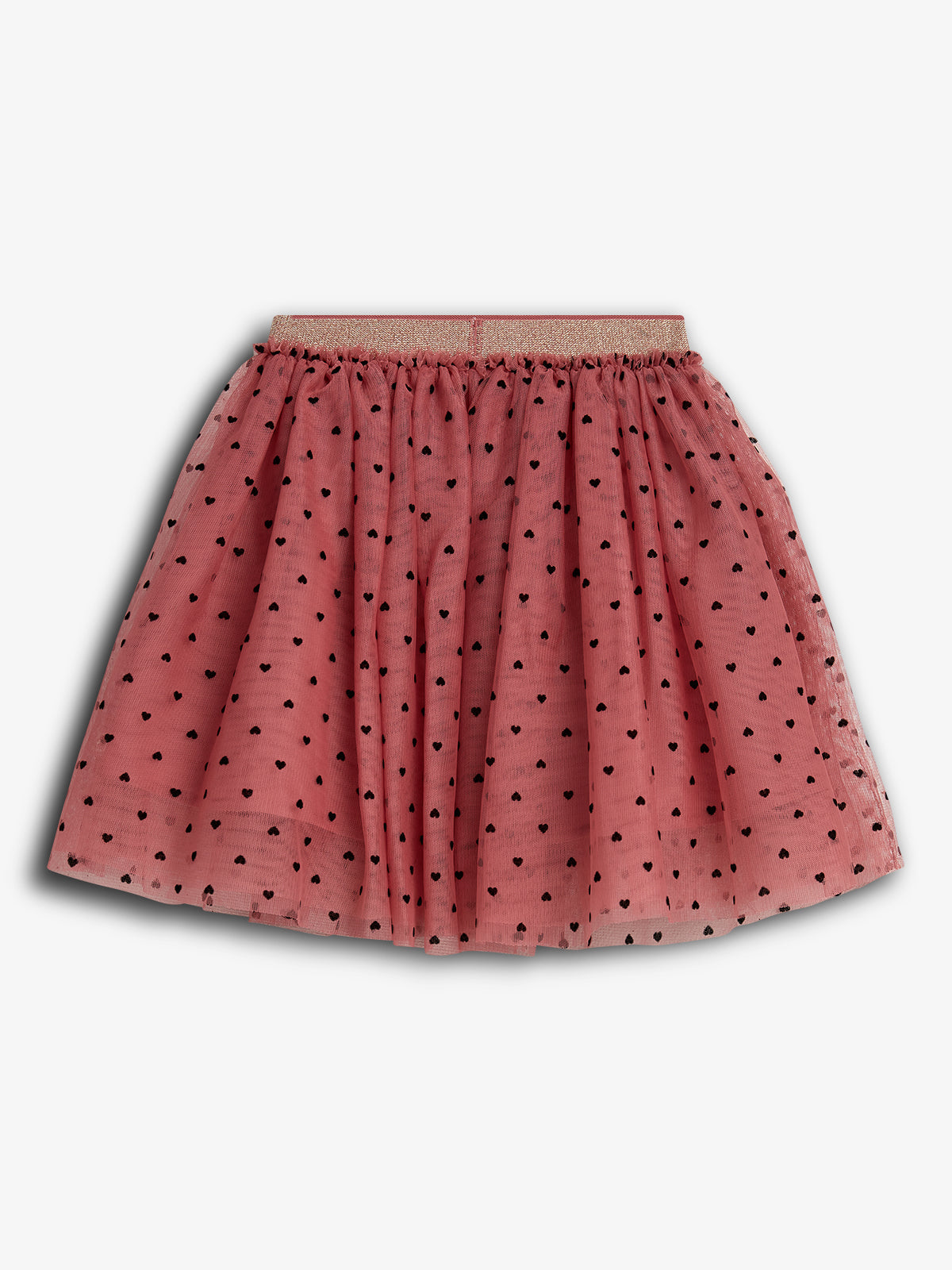 A pink, pleated skirt with black heart patterns is displayed on a white background, featuring an elasticized waistband.