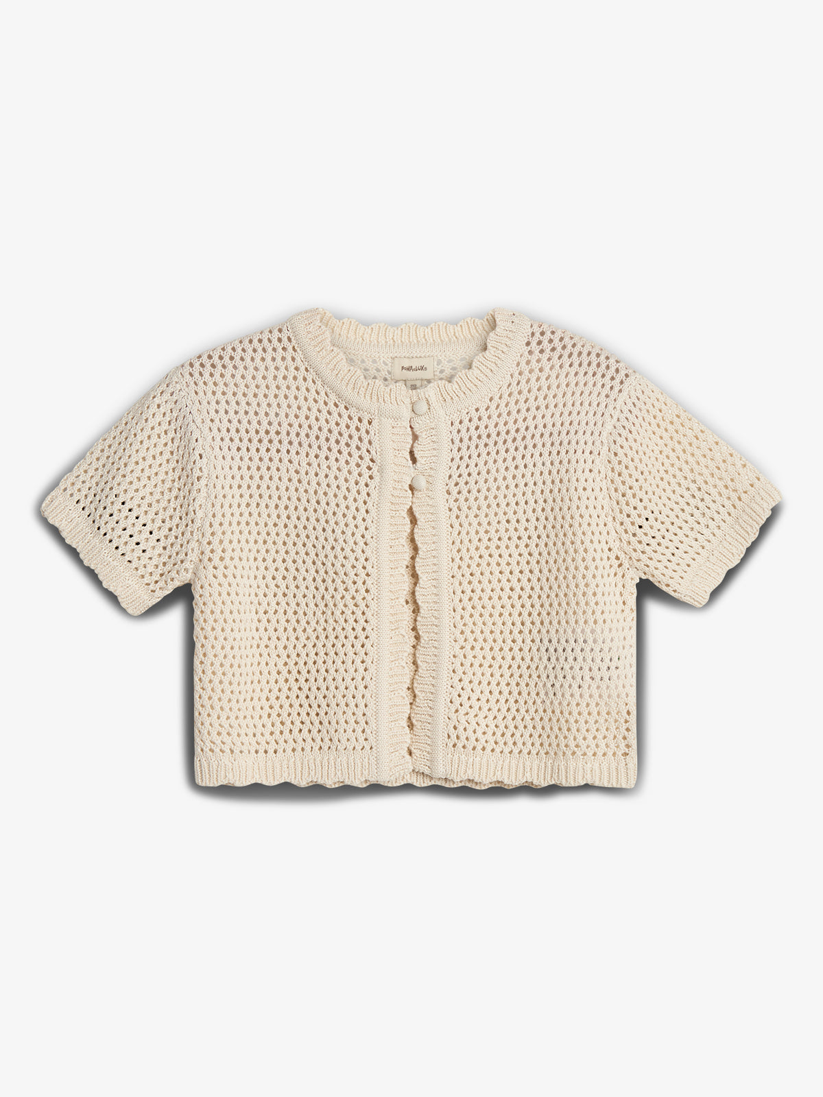 A cream-colored, short-sleeve crochet cardigan with scalloped edges is displayed flat against a plain white background. The label inside reads "pupillin."