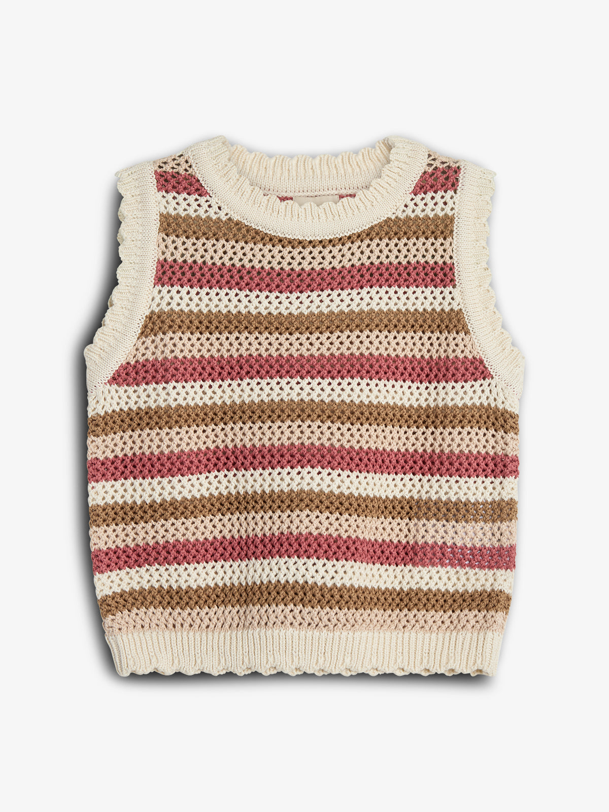 A knitted sleeveless vest displays horizontal stripes in cream, brown, and pink. It lies flat against a plain white background.
