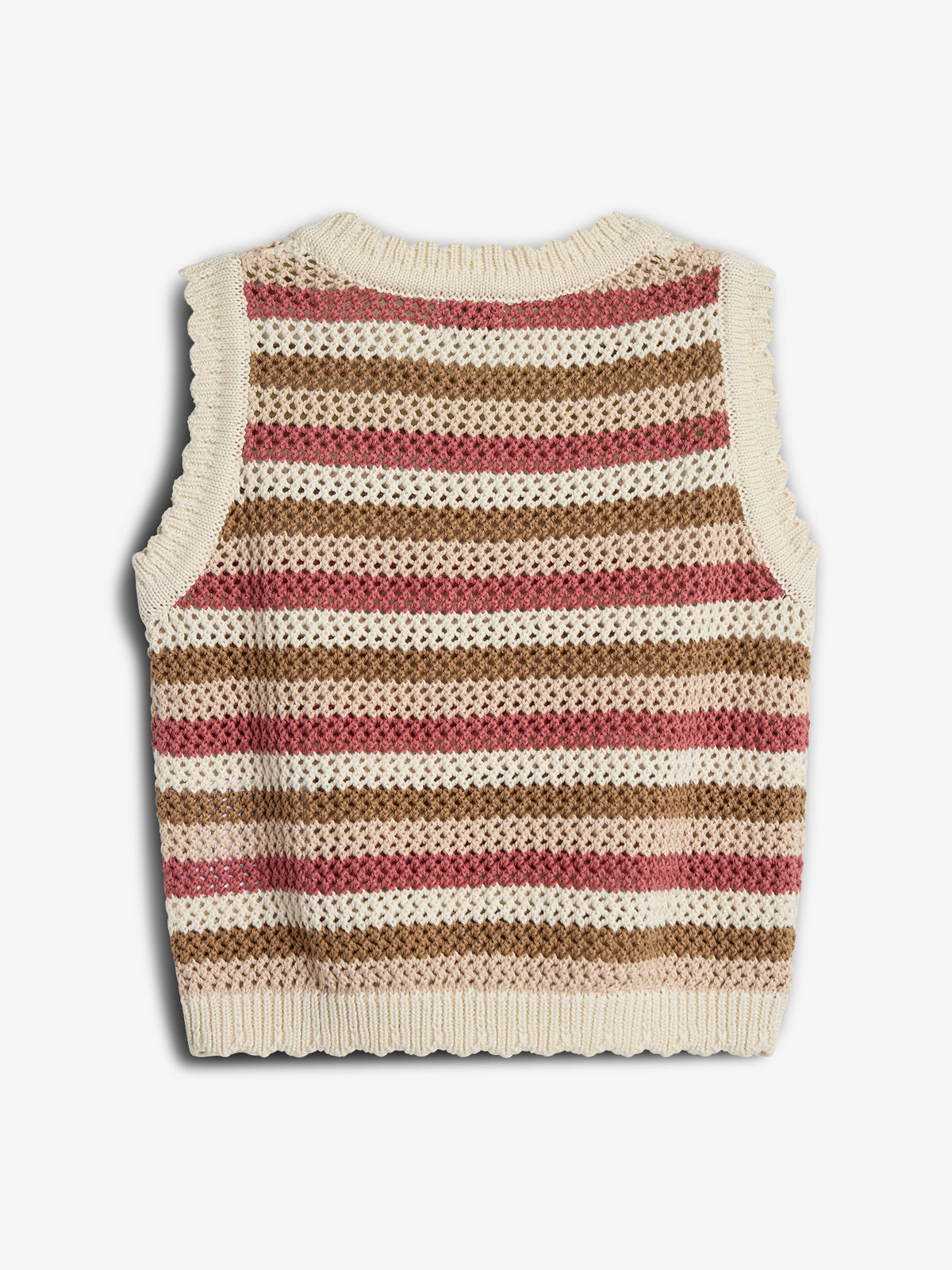 A knitted vest with multicolored horizontal stripes in cream, brown, and pink. It has a sleeveless design with a ribbed collar and hem, set against a plain background.