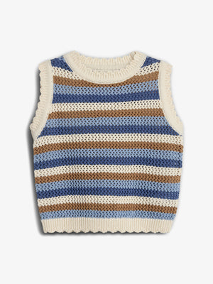 Sleeveless, knitted vest features horizontal stripes in beige, brown, and blue. The texture is open-weave, with ribbed edges at the neck, armholes, and hem, set against a plain background.