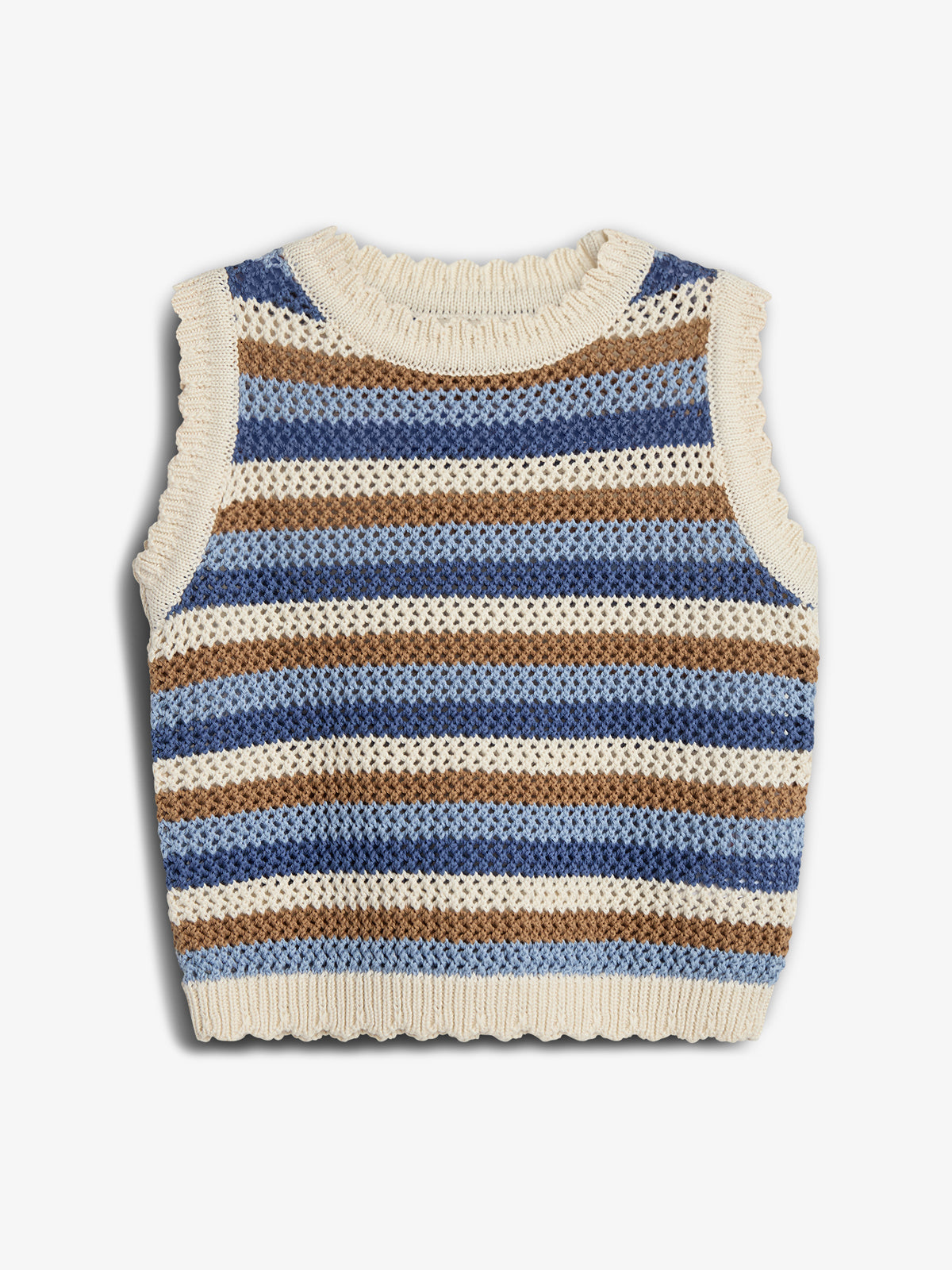Sleeveless, knitted vest features horizontal stripes in beige, brown, and blue. The texture is open-weave, with ribbed edges at the neck, armholes, and hem, set against a plain background.