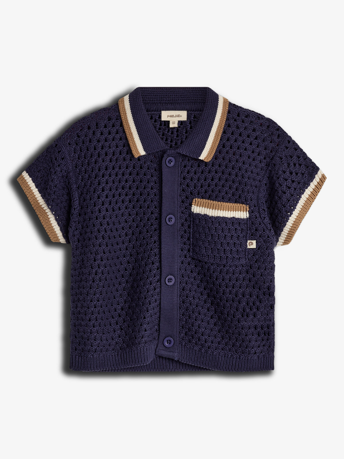 A navy blue, short-sleeved, knitted cardigan with button closure and striped collar and sleeves, features a pocket with beige and white accents. Label reads "pimaluLino." Background is plain white.