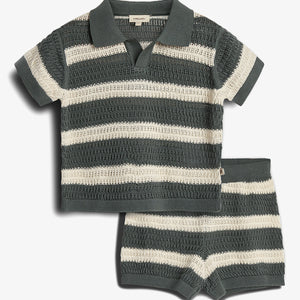 Gestreifte Strickshorts und -oberteil - Petrol | 100278 Piet