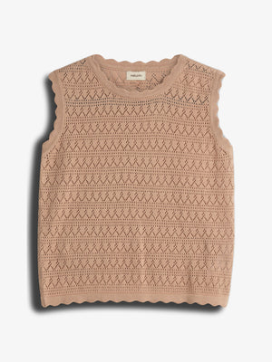 Sleeveless beige knit top featuring intricate openwork patterns and scalloped edges. Positioned against a plain white background, the label reads "Molli Paris" at the neckline.