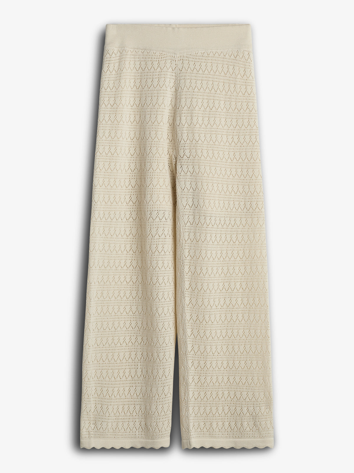 Cream-colored, crocheted wide-leg pants with a zigzag pattern hang vertically. They feature a scalloped hem at the bottom, displayed against a plain white background.
