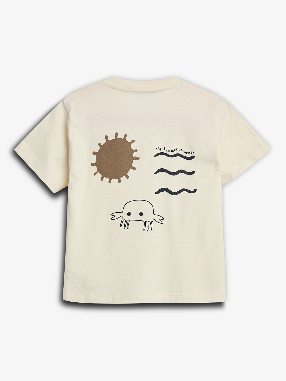 A cream-colored t-shirt features simple graphics: a sun, a crab, and wavy lines. Text near the waves reads "My Summer Journey." The background is plain white.