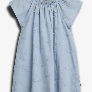Light blue dress featuring floral embroidery, hanging against a plain background. The dress has cap sleeves, a gathered neckline, and a simple, flowing silhouette. Label reads “mini a ture”.