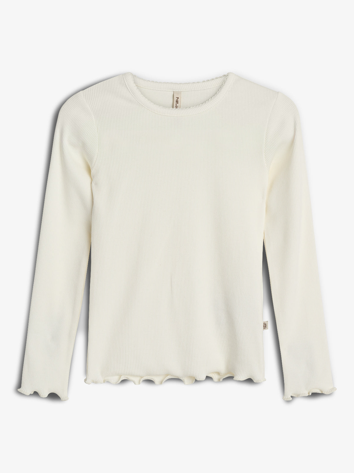 A white long-sleeve ribbed shirt features a scalloped hem and neckline, hanging against a plain white background.