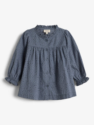 Blue polka dot blouse with buttons and ruffled collar and cuffs, on a plain white background. A small tag reads "pimelove 36M" inside the collar.