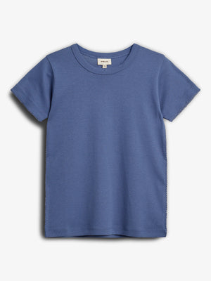 A plain blue short-sleeve T-shirt is displayed against a white background. The label reads "mini mioche" with size "12-18" months.