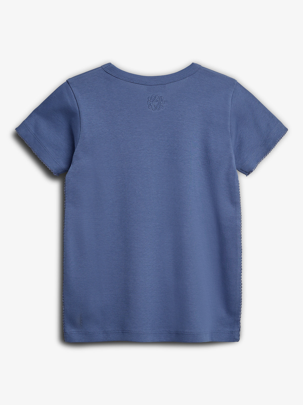 Blue T-shirt displayed flat, showing its back side. It features short sleeves and a small, subtle embroidered design near the neckline. The background is plain white.