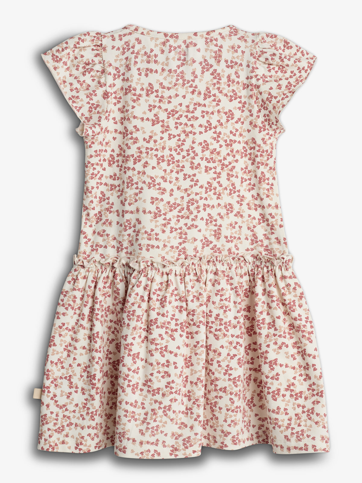 A white dress with red floral patterns hangs unfurled. It features short sleeves and a gathered waist, displayed against a plain white backdrop.