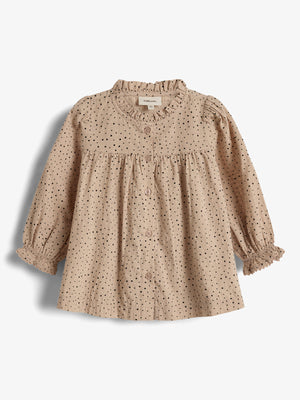 A beige, long-sleeve child's blouse with black polka dots, buttons down the front, and elastic ruffle cuffs. The label reads "PlayUp" at the inside collar. Against a plain white background.