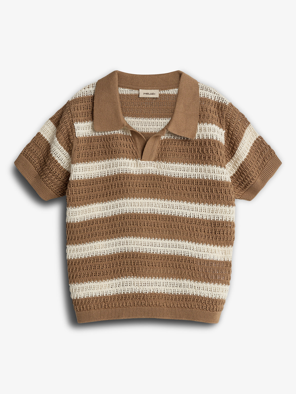 A striped short-sleeve knit shirt with a collared neck features alternating brown and cream horizontal stripes. The tag inside the collar reads "Parallel." The shirt is displayed against a white background.