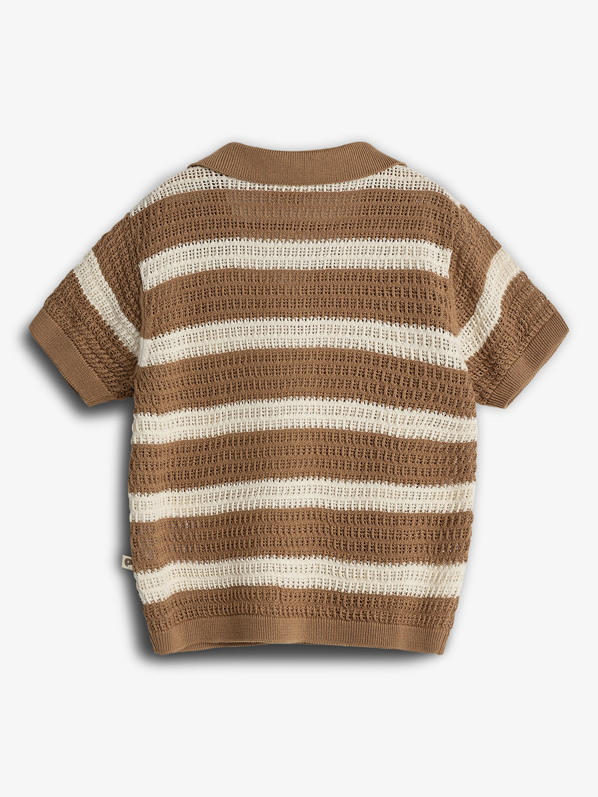 A short-sleeved, brown-and-cream striped knit sweater is displayed flat against a plain background, showcasing its textured pattern and ribbed collar and hem.