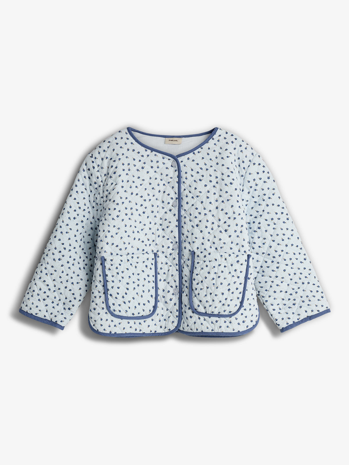 Quilted blue jacket with small floral pattern, features two front pockets and dark blue piping, set against a plain white background.