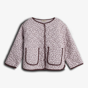Quilted jacket with a floral pattern and dark brown trim, featuring two large front pockets and button closure. Displayed against a plain white background.