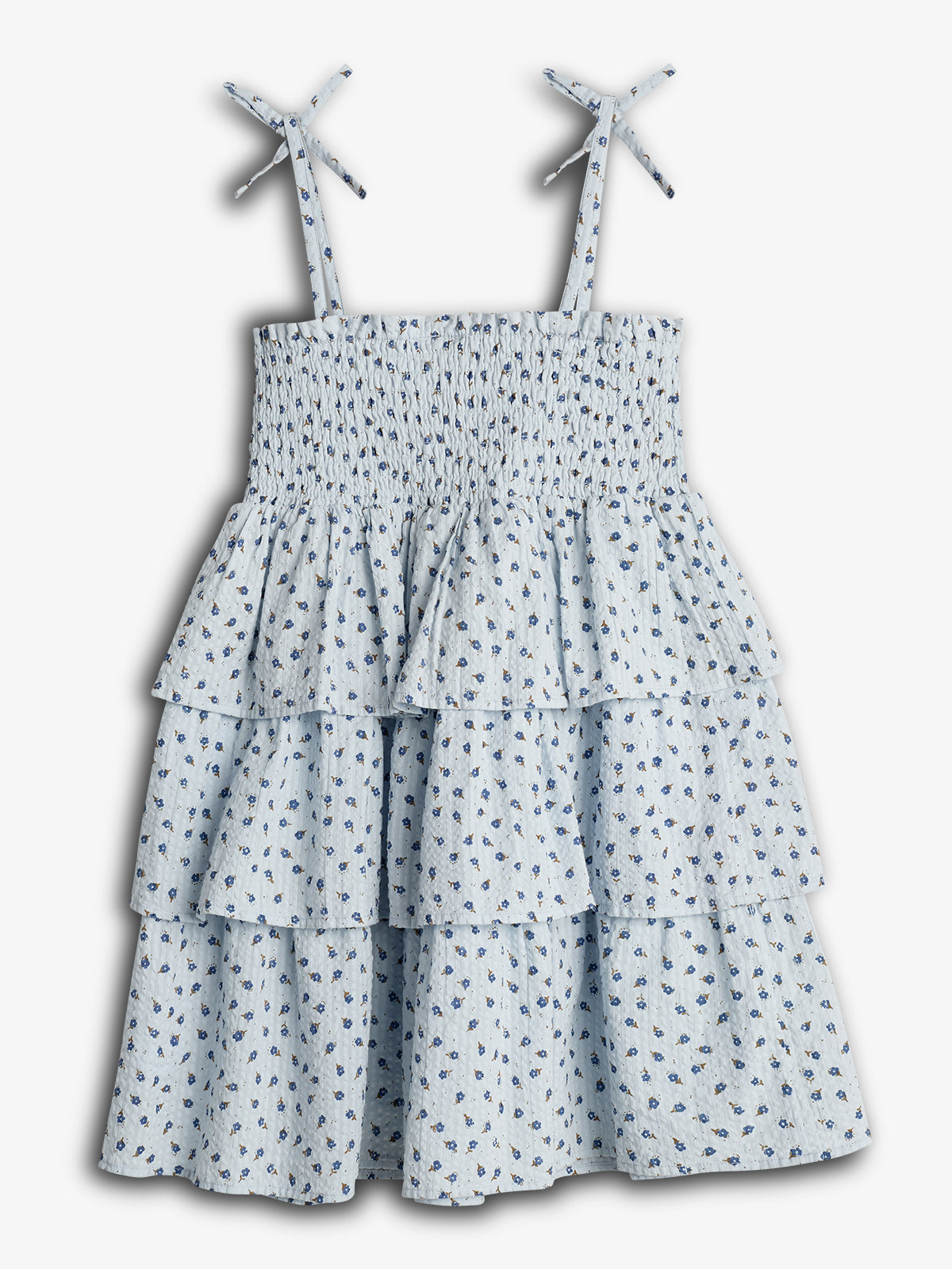 A light blue, sleeveless dress with a smocked bodice and tiered ruffle skirt, adorned with small blue floral patterns, has tied shoulder straps. Displayed against a plain white background.