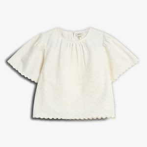 White, short-sleeve blouse with scalloped edges and eyelet pattern, displayed on a plain background. A small tag inside the neckline reads: "Peuterey."