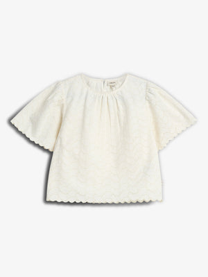 White, short-sleeve blouse with scalloped edges and eyelet pattern, displayed on a plain background. A small tag inside the neckline reads: "Peuterey."