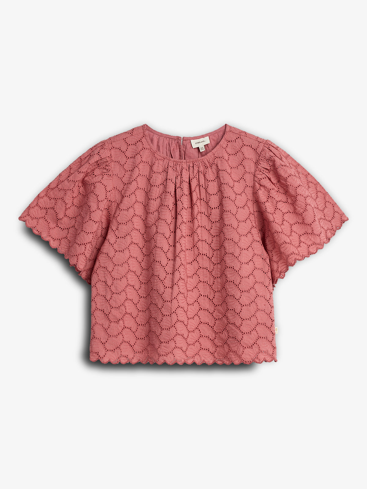 Pink scalloped blouse with short sleeves, featuring an eyelet pattern and gathered neckline, displayed against a plain white background. The label reads "MADEWELL".