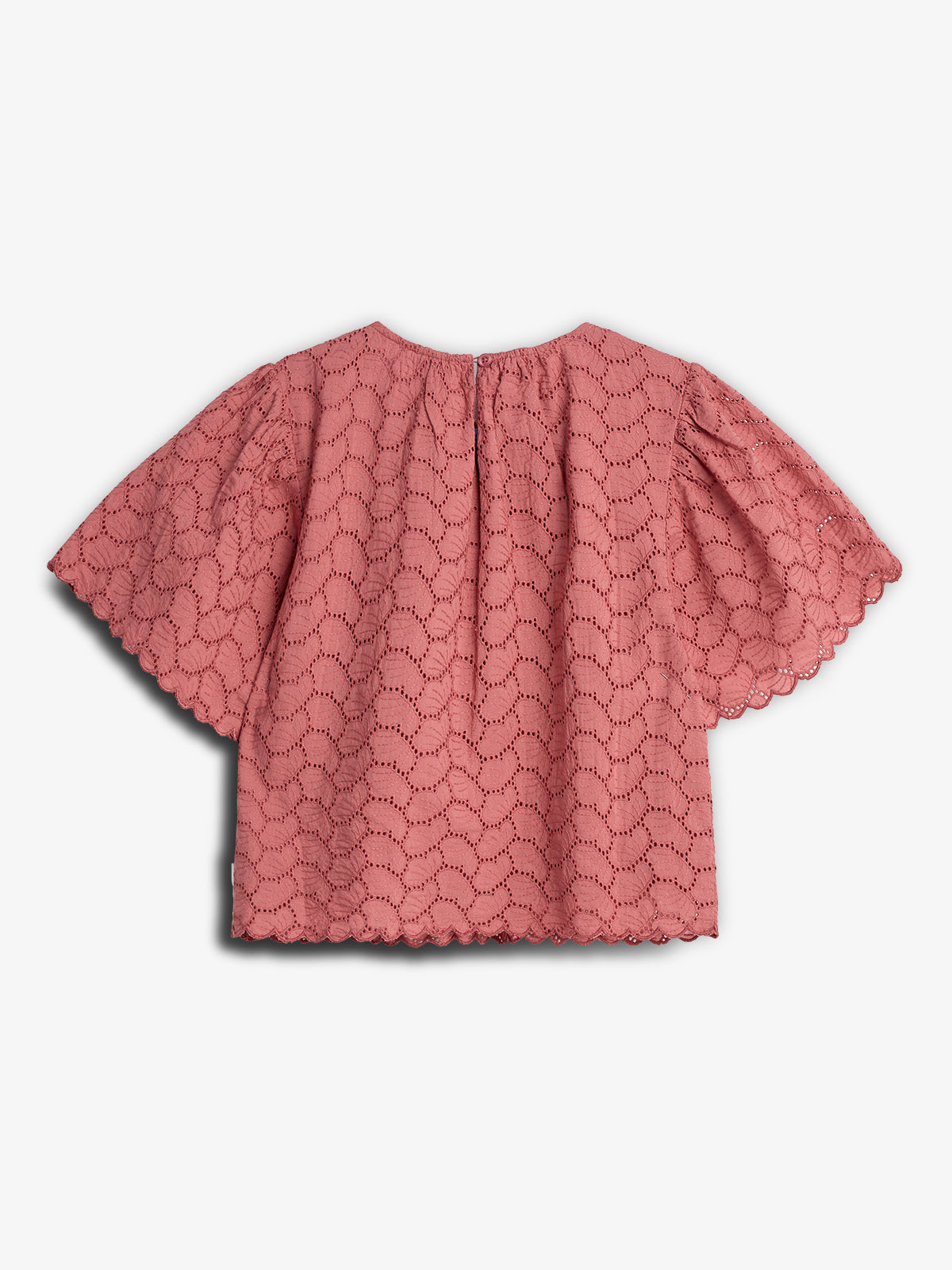 Pink blouse with wide, scalloped sleeves featuring a delicate, circular lace pattern. The blouse is displayed against a plain white background.