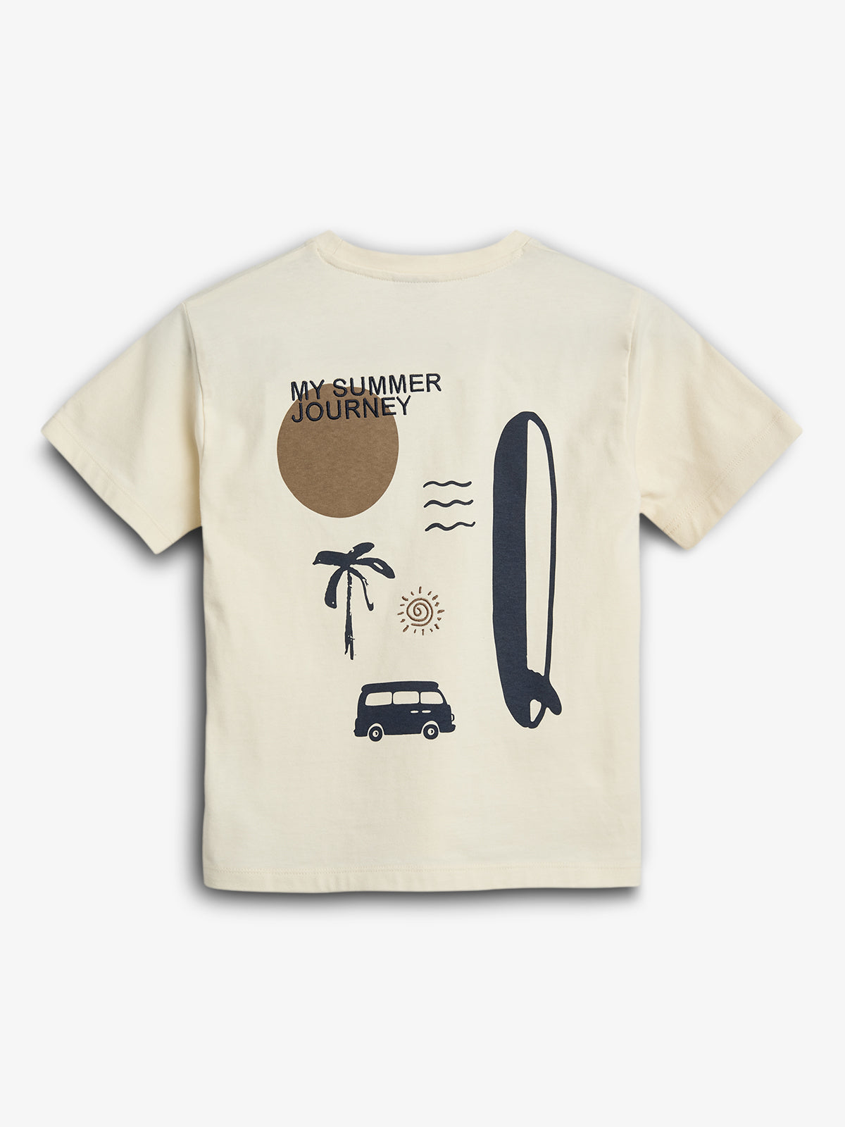 A beige t-shirt displays summer-themed graphics: a sun, palm tree, surfboard, van, and abstract sun with waves. Text reads "MY SUMMER JOURNEY," creating a beach adventure vibe.