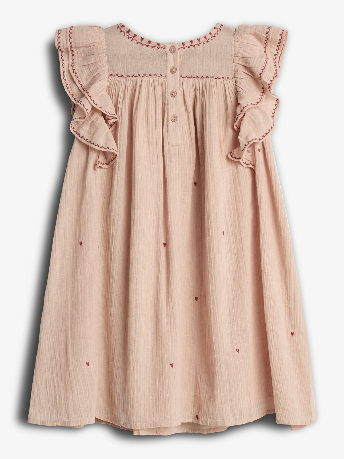 A pink dress with red embroidered details features ruffled sleeves and buttons on the chest, displayed against a plain background.