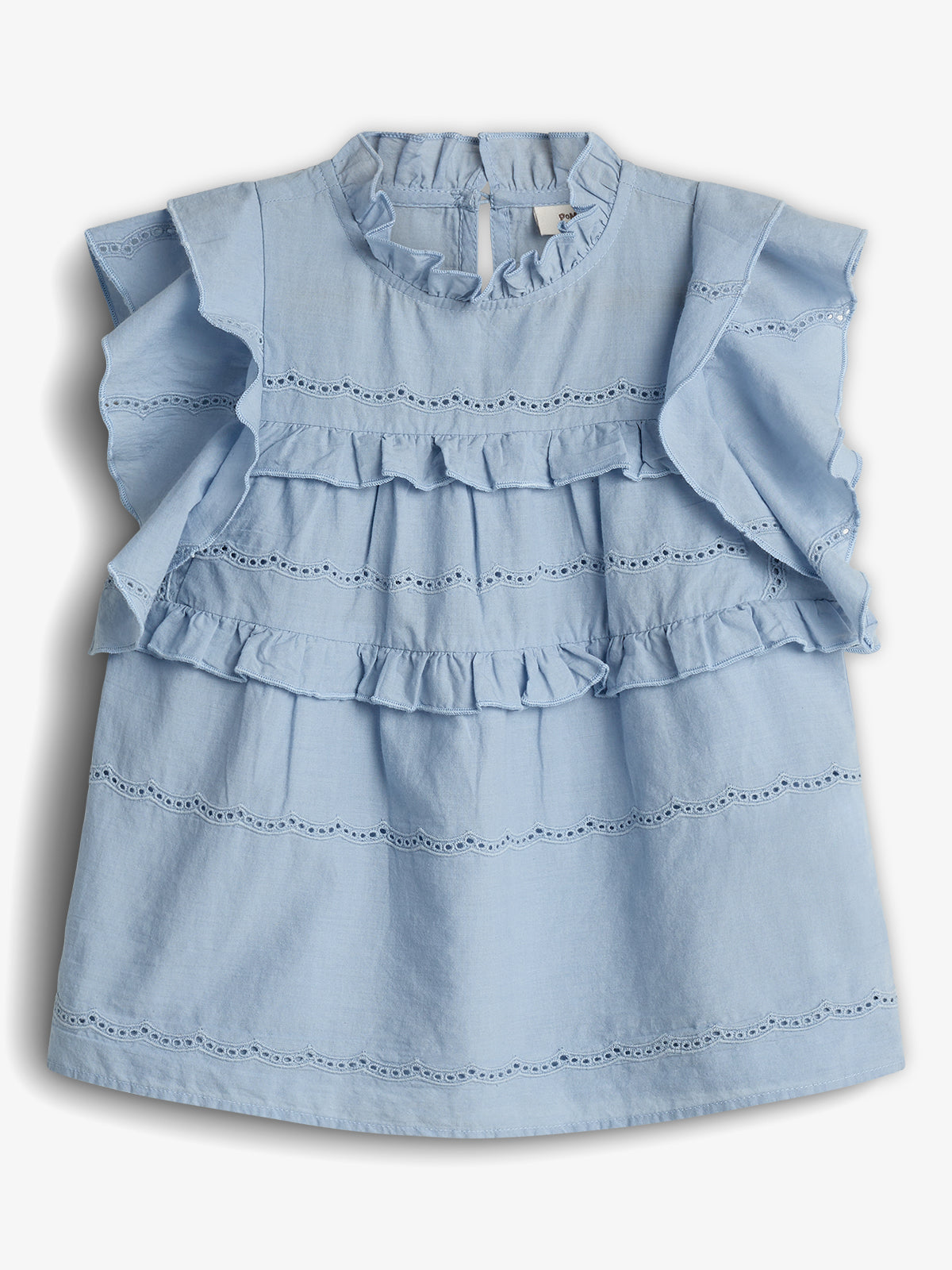 Blue sleeveless blouse with ruffled layers and embroidered patterns, displayed flat against a plain white background.