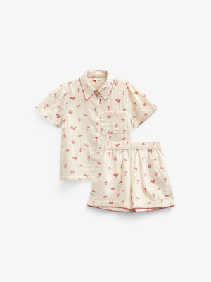 Bedrucktes Gaze Hemd und Shorts-Set - Kids - Offwhite/Cherry Red | 100972 Fiona