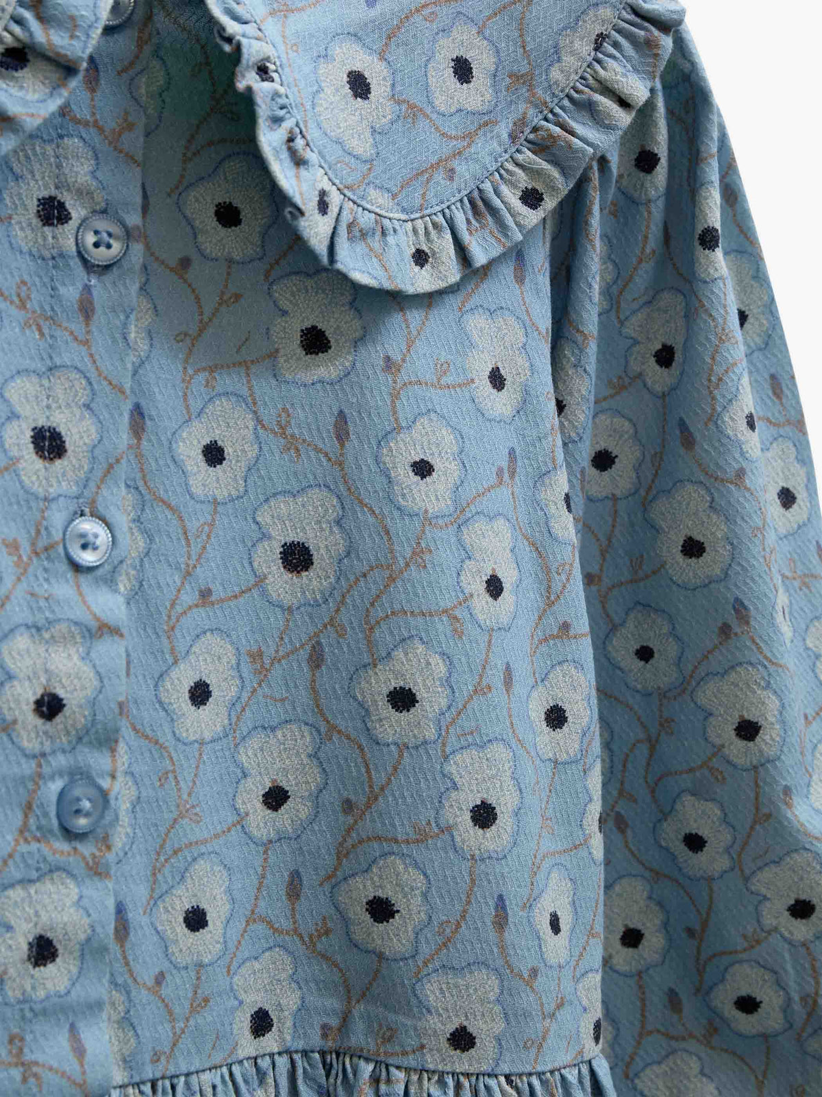 Floral Cotton Dress with Collar - Kids - Blue/Brown | 101427 Nova