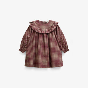 Ruffle Yoke Poplin Dress - Kids - Bordeaux Check | 101440 Julia