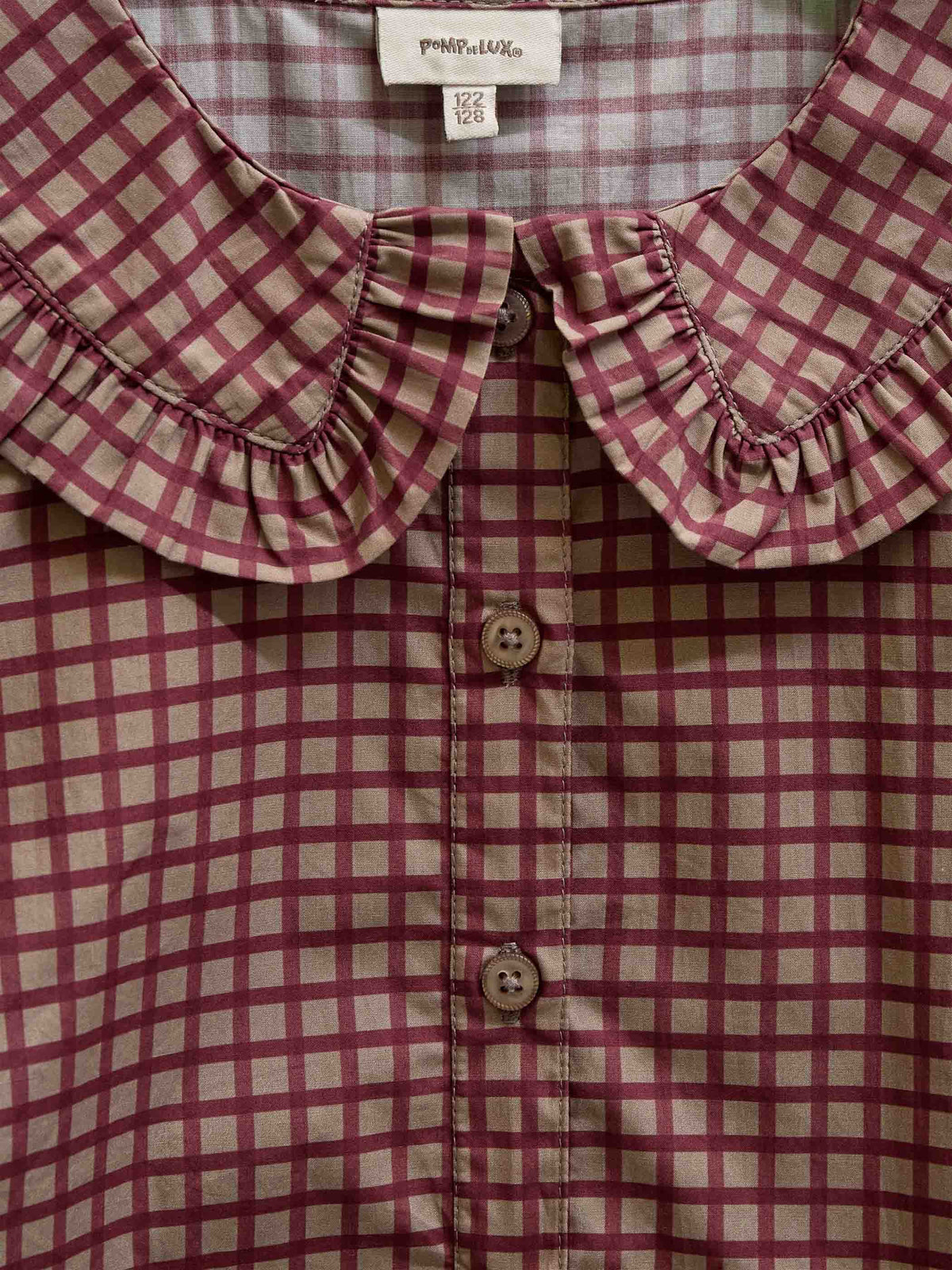 Frill Collar Poplin Blouse - Kids - Bordeaux Check | 101449 Julia