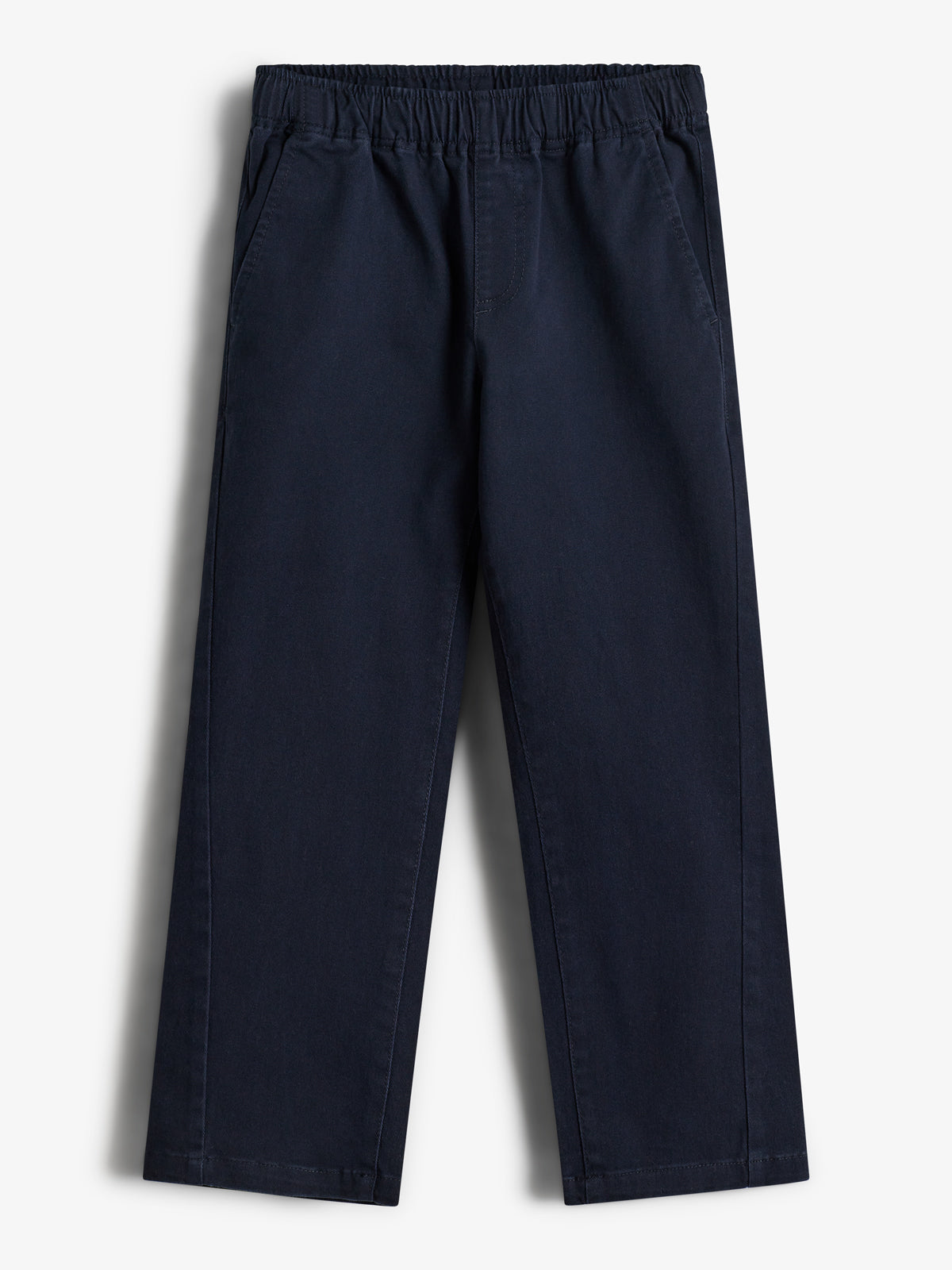 Dunkelblaue Hose liegt flach mit elastischem Bund und zwei Seitentaschen auf weißem Hintergrund.