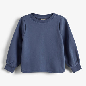 Ein schlichtes, blaues Sweatshirt mit langen Ärmeln hängt vor einem weißen Hintergrund. Die Bündchen sind gerippt, und der Stoff wirkt weich und gemütlich.