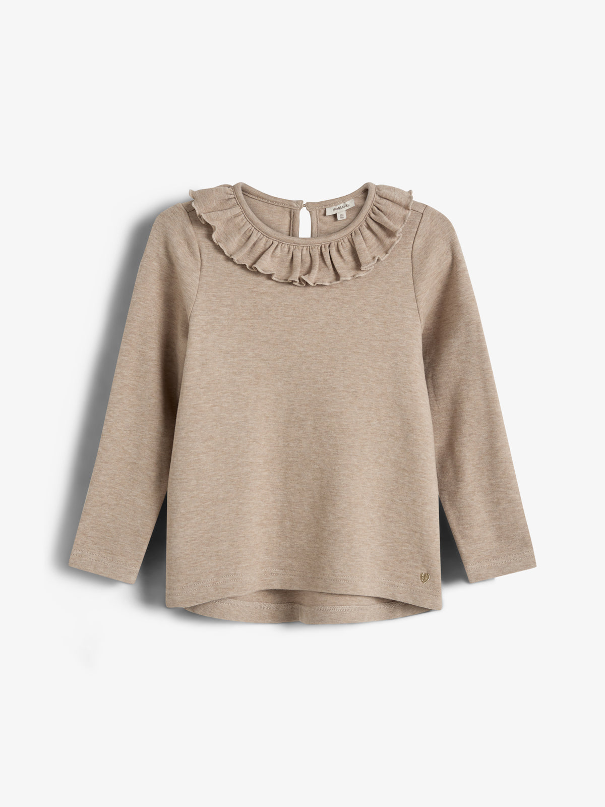 A beige long-sleeve blouse with a ruffled neckline hangs against a plain white background. A small button feature is visible at the back near the collar.