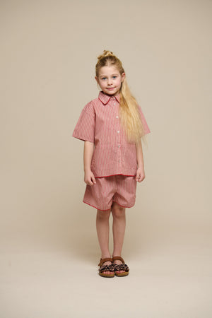 Gestreiftes Poplinhemd und Shorts Set - Tween - Old Rose/Cherry Red | 100947 Olivia