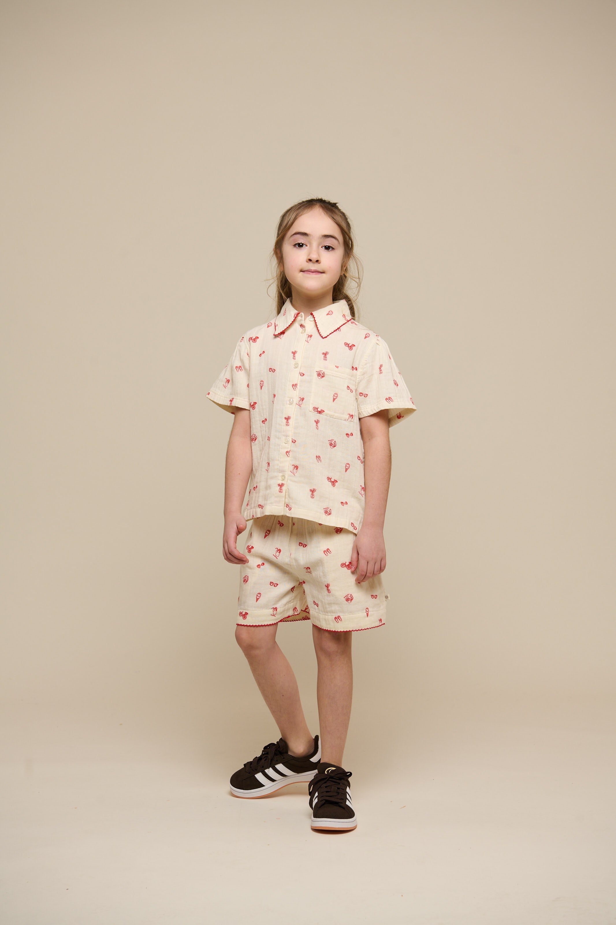 Bedrucktes Gaze Hemd und Shorts Set - Tween - Offwhite/Cherry Red | 100973 Fiona