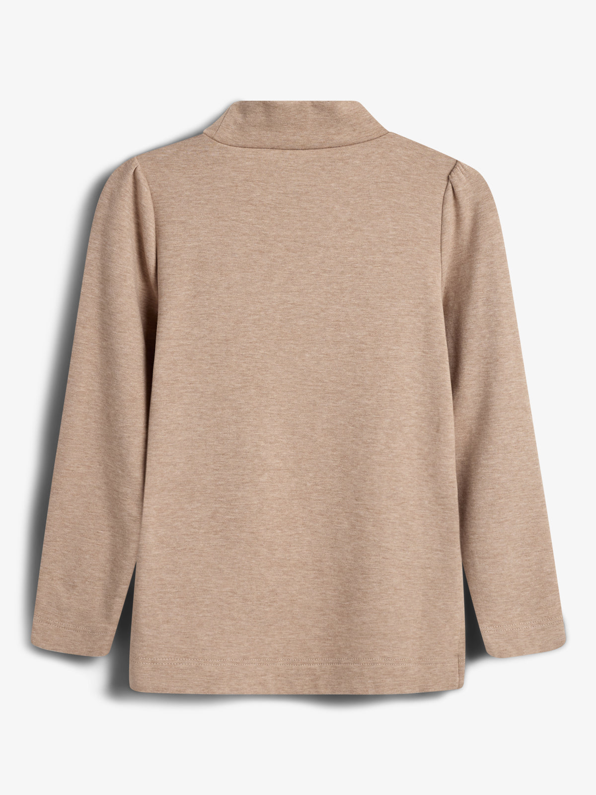 A beige long-sleeve shirt is displayed unfolded and viewed from the back, set against a plain white background. The shirt has a subtle collar and smooth texture.