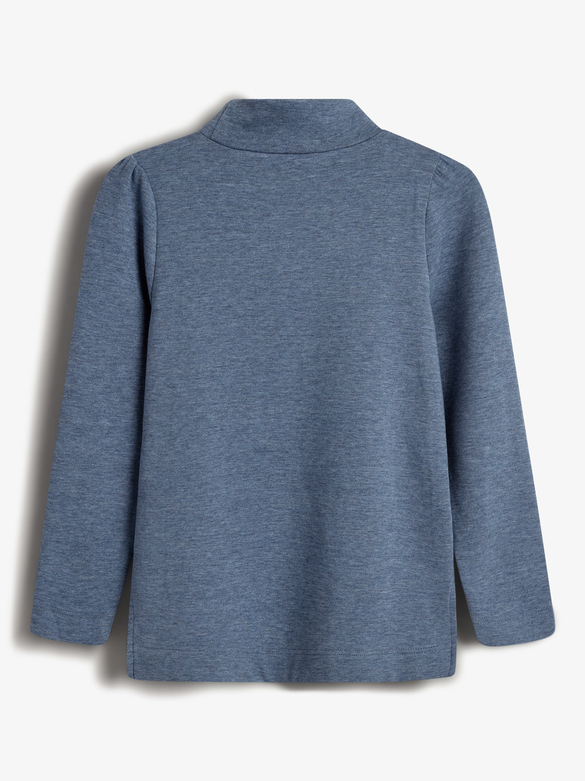 A blue, long-sleeved cardigan is laid flat against a light background, showcasing its back view with a simple collar and no visible embellishments.